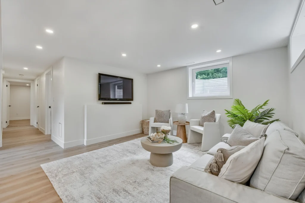 Photo of finished basement living room with mounted TV home renovation Brantford project